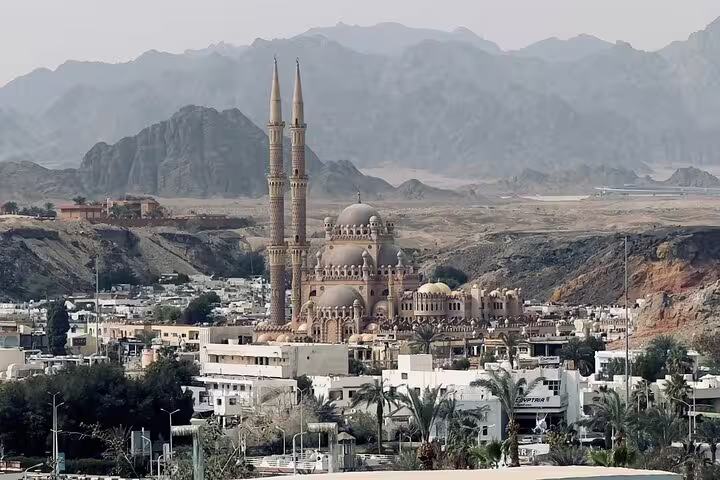 Al Mustafa Mosque in Sharm El Sheikh with twin minarets, key stop on city tour to mosque and cathedral