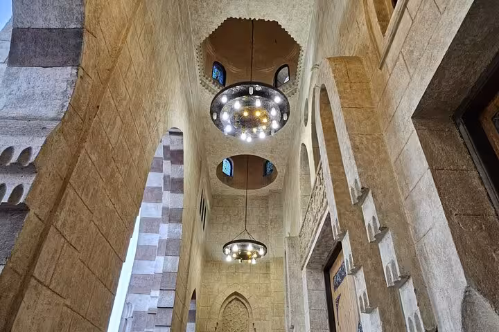Interior arches and chandeliers of Al Sahaba Mosque in Sharm El Sheikh Old Market on private tour