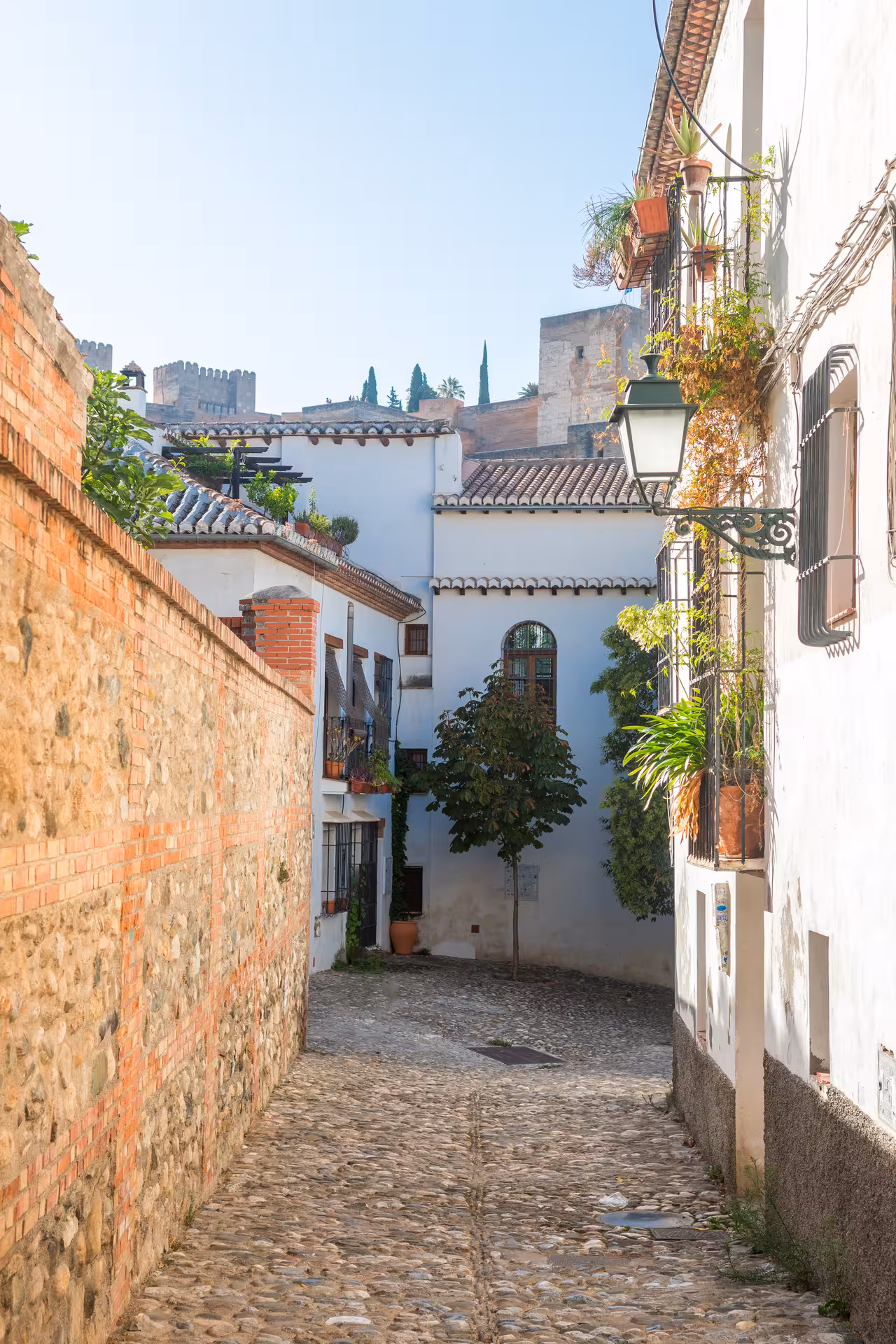 Picturesque cobblestone alley in Albaicín, Granada, lined with historic whitewashed buildings and lush greenery.