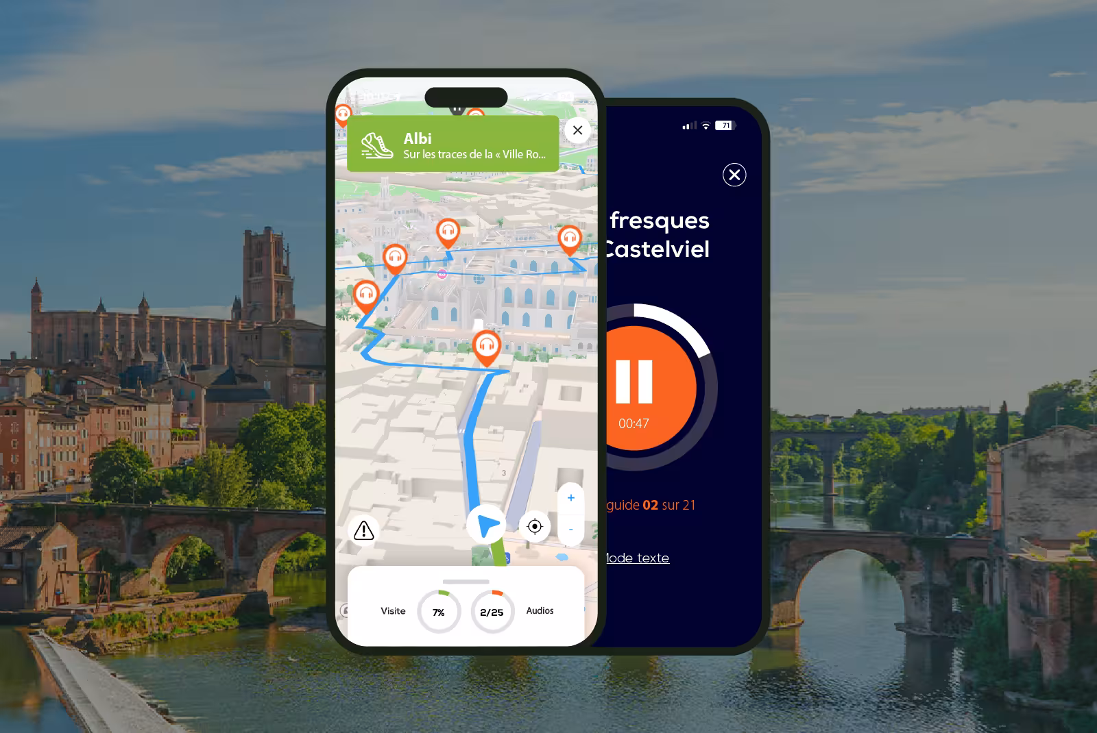 Interface application mobile audioguide Toulouse sur smartphone.