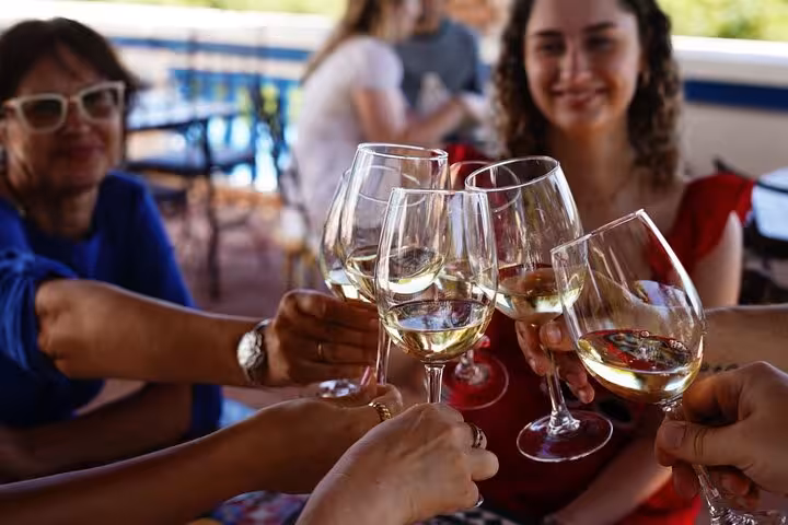 Close-up of friends clinking wine glasses at a picturesque Algarve winery tour, celebrating togetherness.