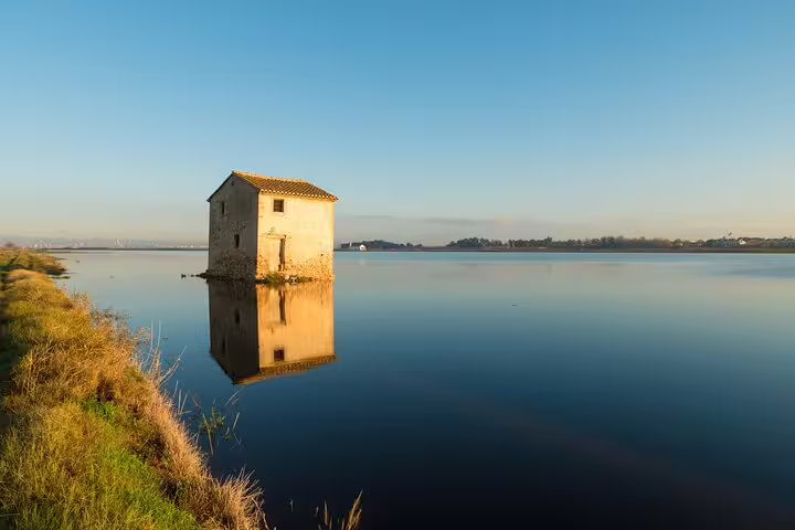 Scenic view of Albufera lagoon with rustic house reflecting in calm waters during private day trip featuring paella and nature trek.