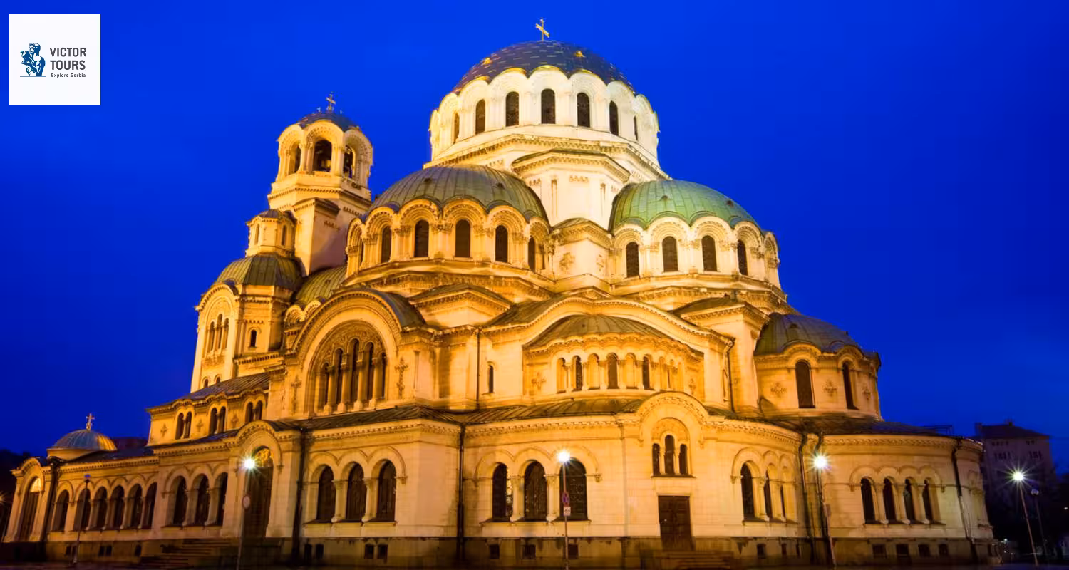 Marvel at the illuminated Alexander Nevsky Cathedral in Sofia, Bulgaria, a highlight of our Balkan Express tour.