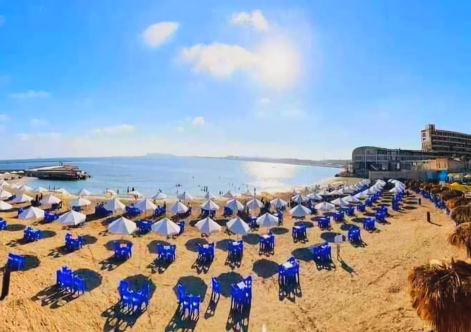 Sandy Alexandria beach with rows of white umbrellas and blue chairs overlooking the Mediterranean Sea