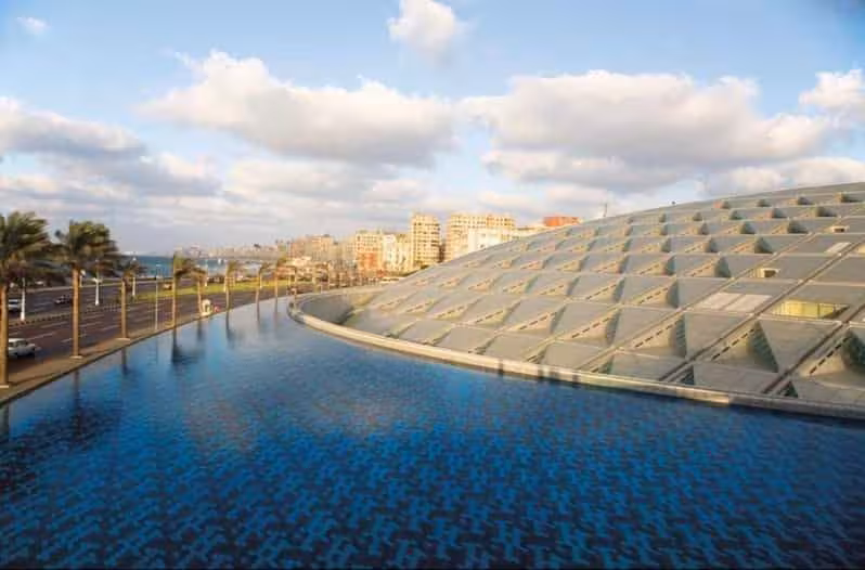 Alexandria Bibliotheca library waterfront stop on a two-day Cairo and Alexandria tour from Marsa Matrouh