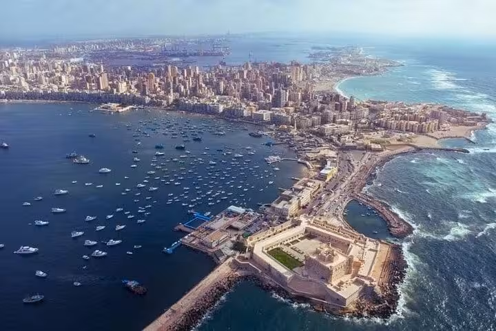 Aerial view of Alexandria Citadel and harbor boats, key sight on 2-day private tour from Hurghada to Cairo & Alexandria
