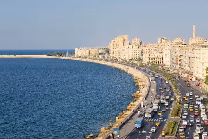 Alexandria Corniche seafront road and Mediterranean coastline, highlight of 2-day private tour from Hurghada