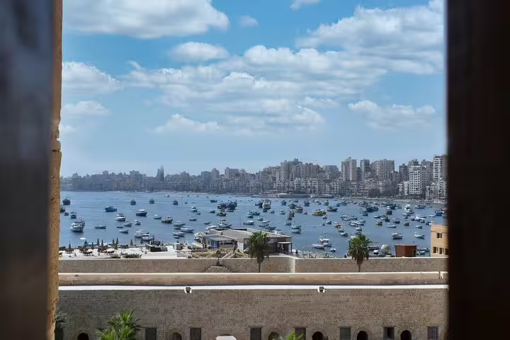 Alexandria harbor skyline and boats view from Qaitbay Citadel on 2-day Luxor to Cairo and Alexandria flight tour