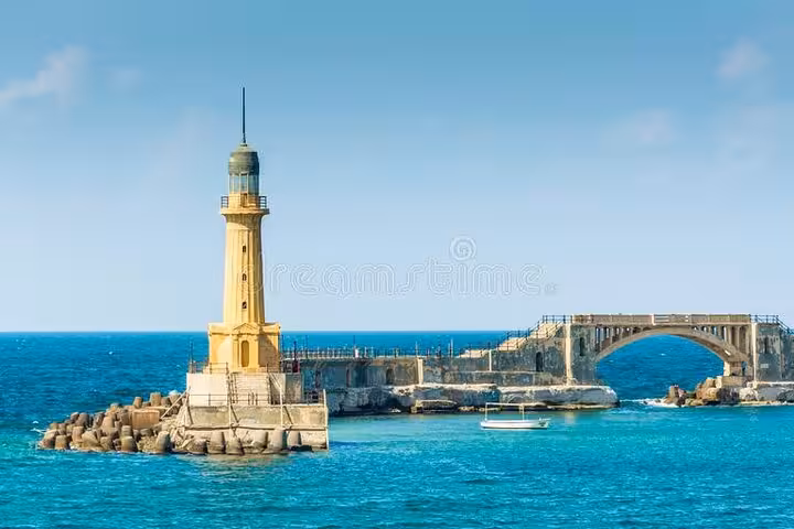 Alexandria lighthouse by the Mediterranean near Qaitbay Citadel, stop on private Cairo to Alexandria tour with lunch