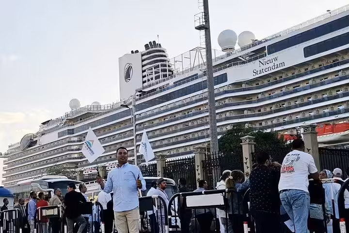 Cruise ship at Alexandria Port pickup point for overnight Cairo and Alexandria tour with guided transfers