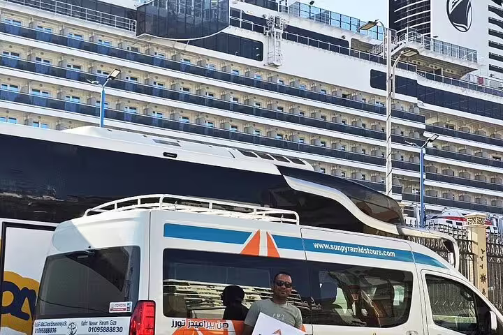Alexandria Port shore excursion van pickup beside cruise ship for Pyramids of Giza and Egyptian Museum tour