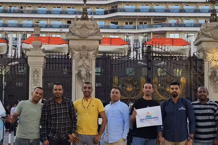 Cruise guests meet local guide at Alexandria Port gate for Old Cairo Christian and Islamic day tour