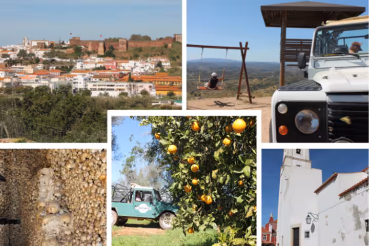 Collage of Algarve Grand Safari full-day tour showing 4x4 jeep, orange groves, villages, and viewpoints