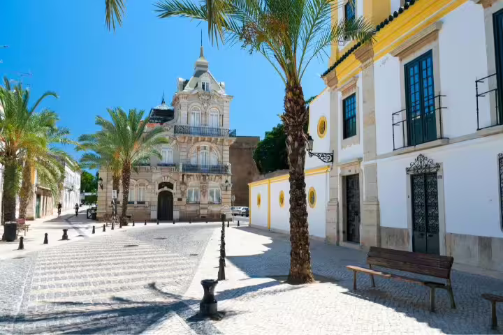 Charming street in Algarve with historic architecture, palm trees, and cobblestone paths, perfect for a self-drive tour.
