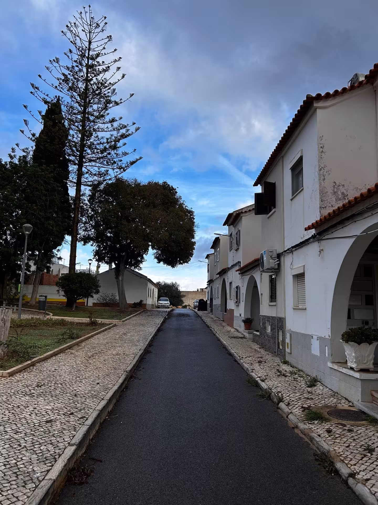 Quiet Algarve village lane near the Arade River, lined with whitewashed houses, cobbled paths and tall Mediterranean trees