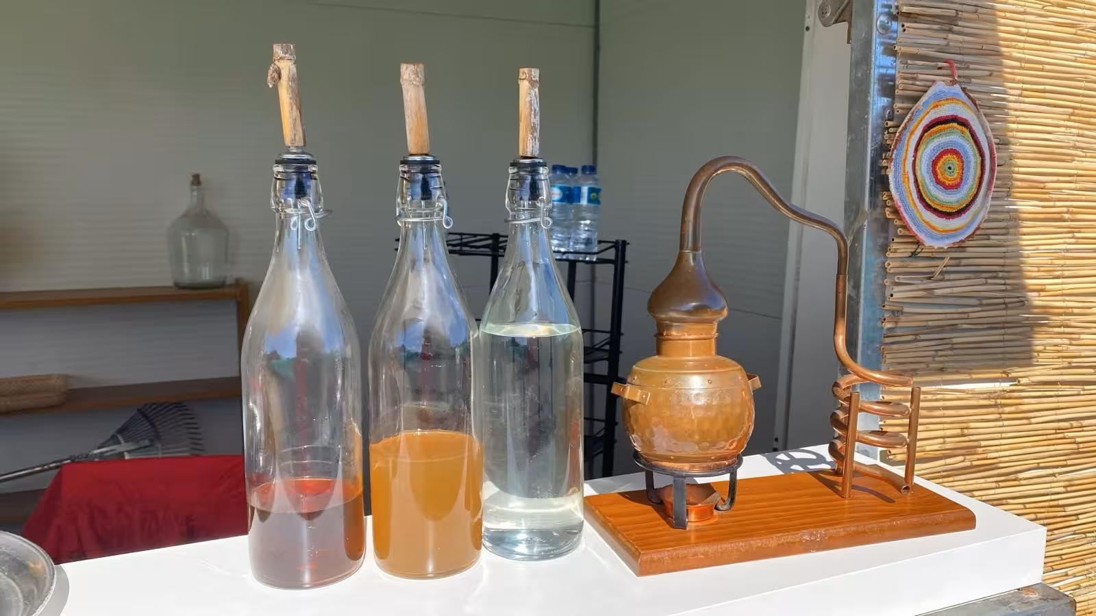 Traditional copper alembic still and bottles of local spirits displayed at Algarve vineyard on half day wine tasting tour