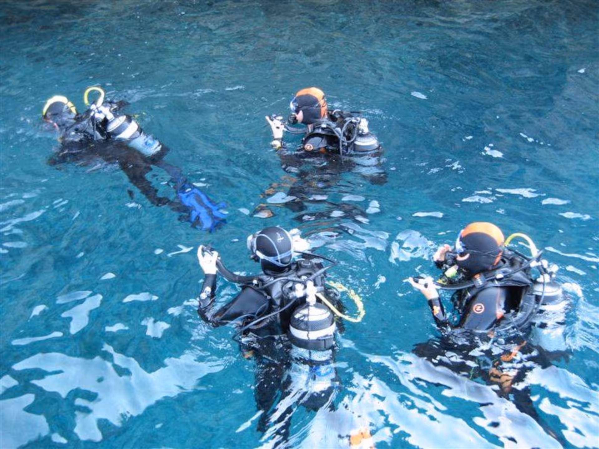 Group of beginner divers in Alghero practicing skills in clear blue water during a discovery diving lesson.