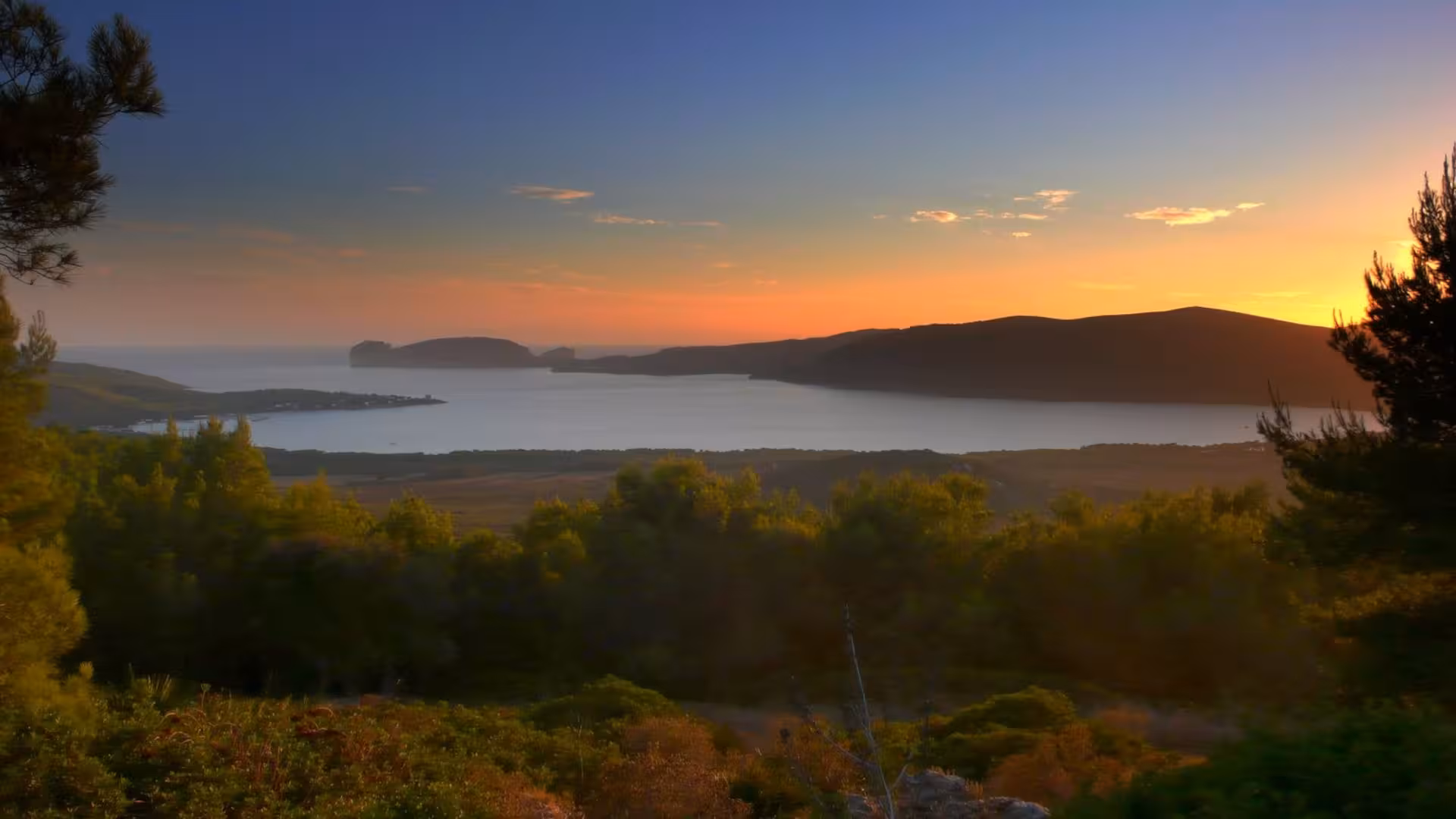 Panoramic view of Alghero coastline at sunset, showcasing lush greenery and serene sea for an e-bike tour.