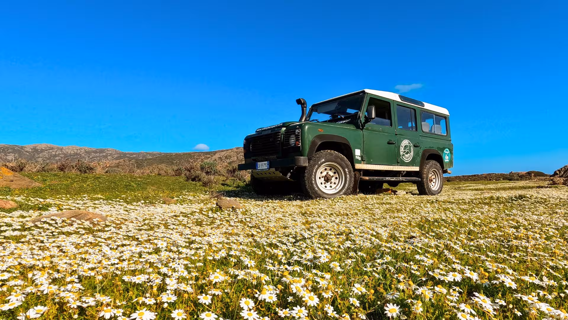 Green off-road vehicle parked on a field of wildflowers under a clear blue sky in Porto Ferro, perfect for Alghero adventure tours.
