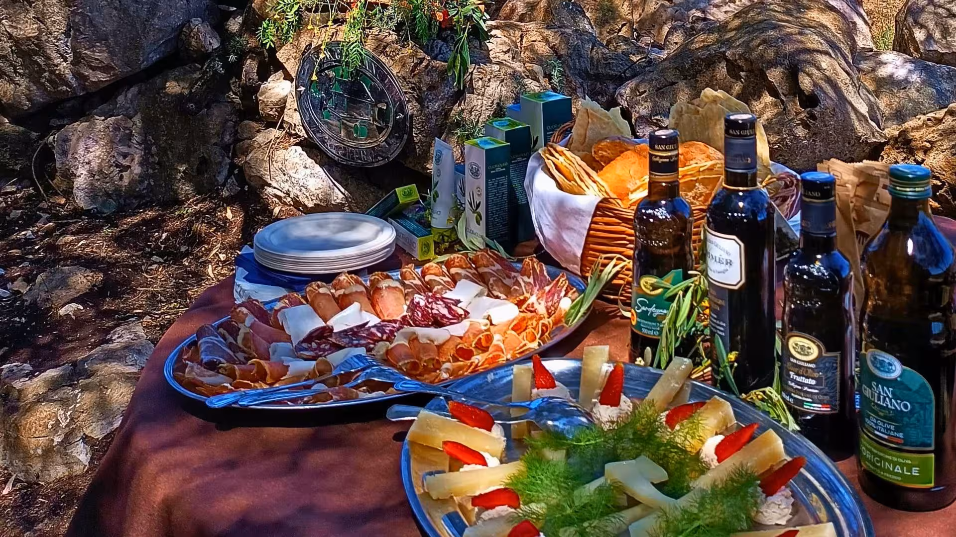 Close-up of a gourmet olive oil tasting spread with cheeses, meats, and bread in Alghero's olive grove.