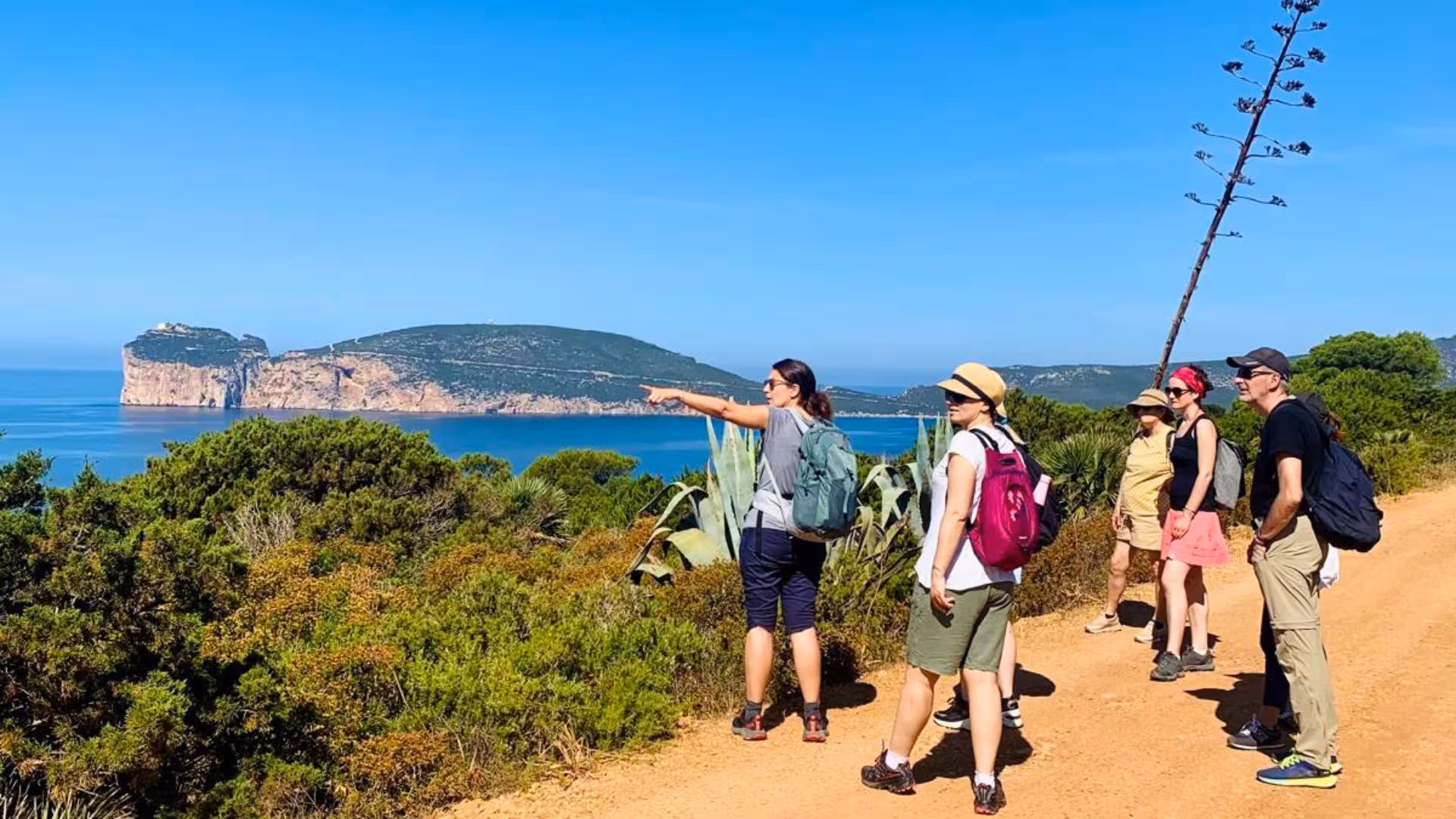 Group of hikers exploring Porto Conte Park in Alghero with stunning coastal views and lush greenery.