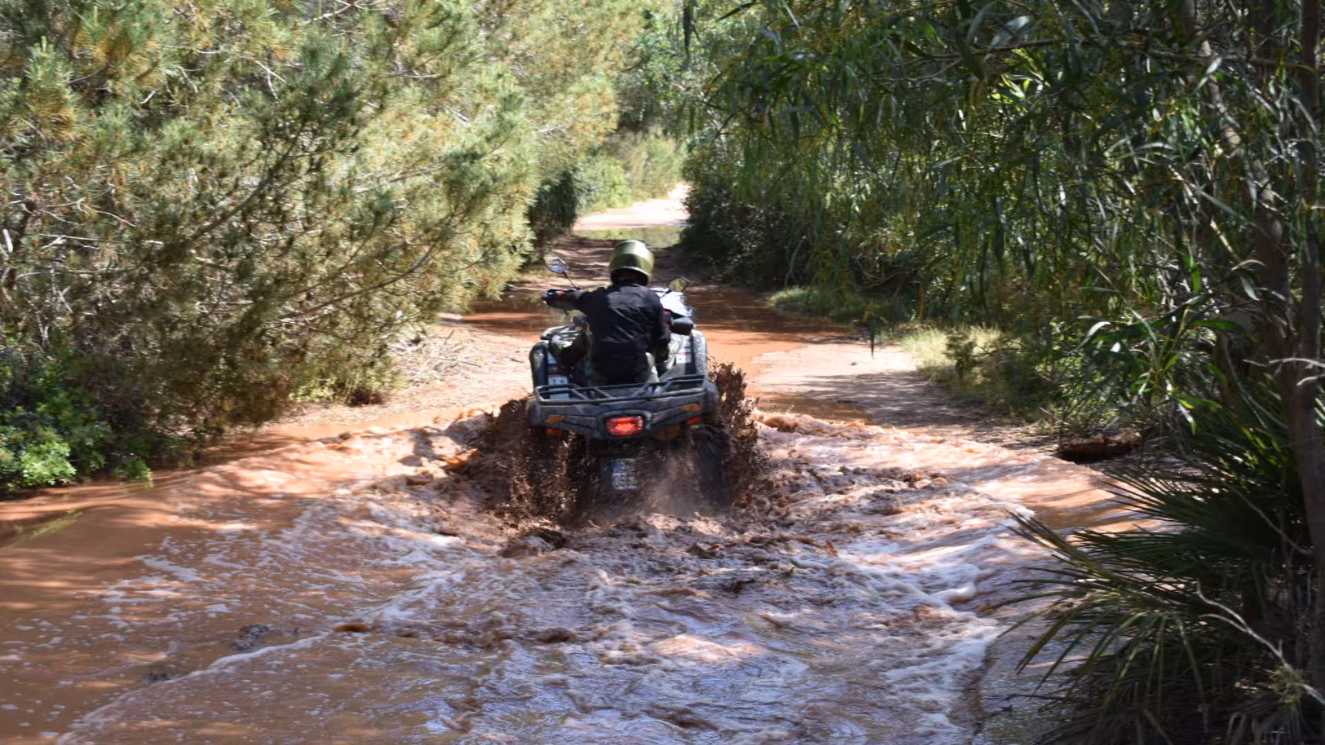 Rider navigating muddy trail on an Alghero quad tour adventure through lush forest.
