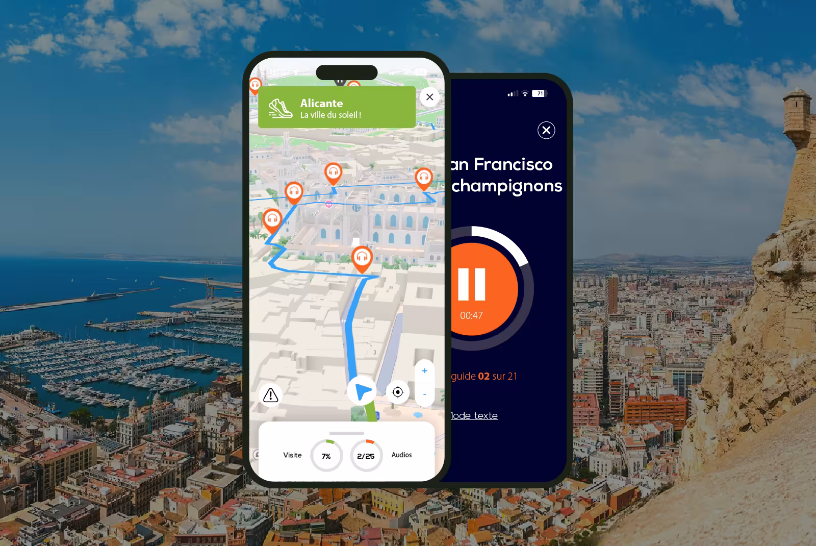 Alicante audioguide mobile application interface on smartphone with the city in the background.
