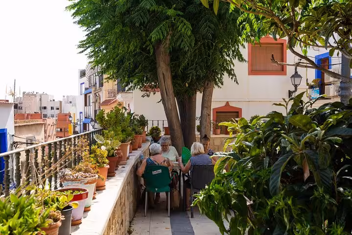 Group of people enjoying a shaded terrace with lush greenery in Alicante's vibrant cityscape.