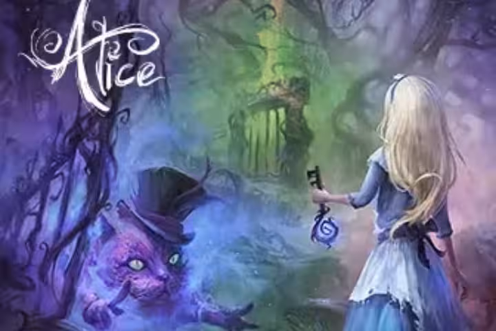 Alice in Wonderland escape room 50' artwork with Alice, Cheshire Cat and eerie forest doorway scene