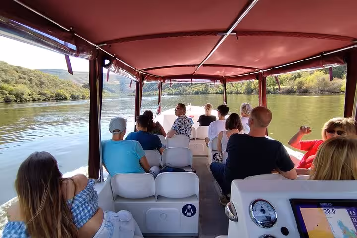 Tourists enjoying a scenic Alto Douro River boat cruise surrounded by lush green vineyard hillsides on a guided wine region tour.
