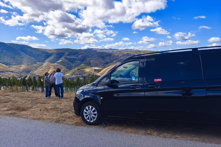 Tour group with a private van overlooking stunning Alto Douro Valley terraced vineyards and mountains on a guided wine region excursion.