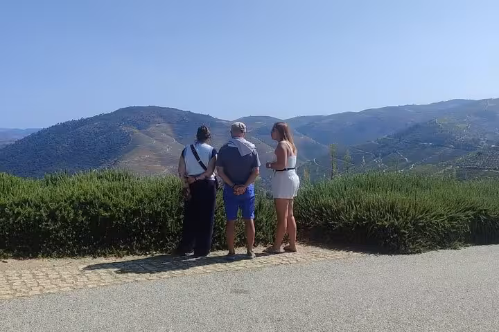 Three tourists enjoying a scenic overlook of the terraced Alto Douro wine region vineyards on a guided cultural tour