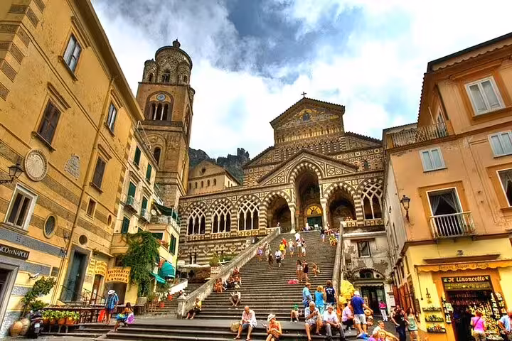 Amalfi Cathedral Duomo steps and piazza, highlight of luxury private Amalfi Coast tour from Naples