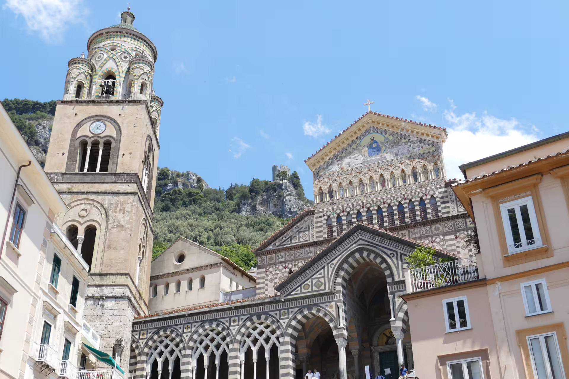 Amalfi Cathedral Duomo di Sant’Andrea facade and bell tower, highlight on Naples to Amalfi day tour