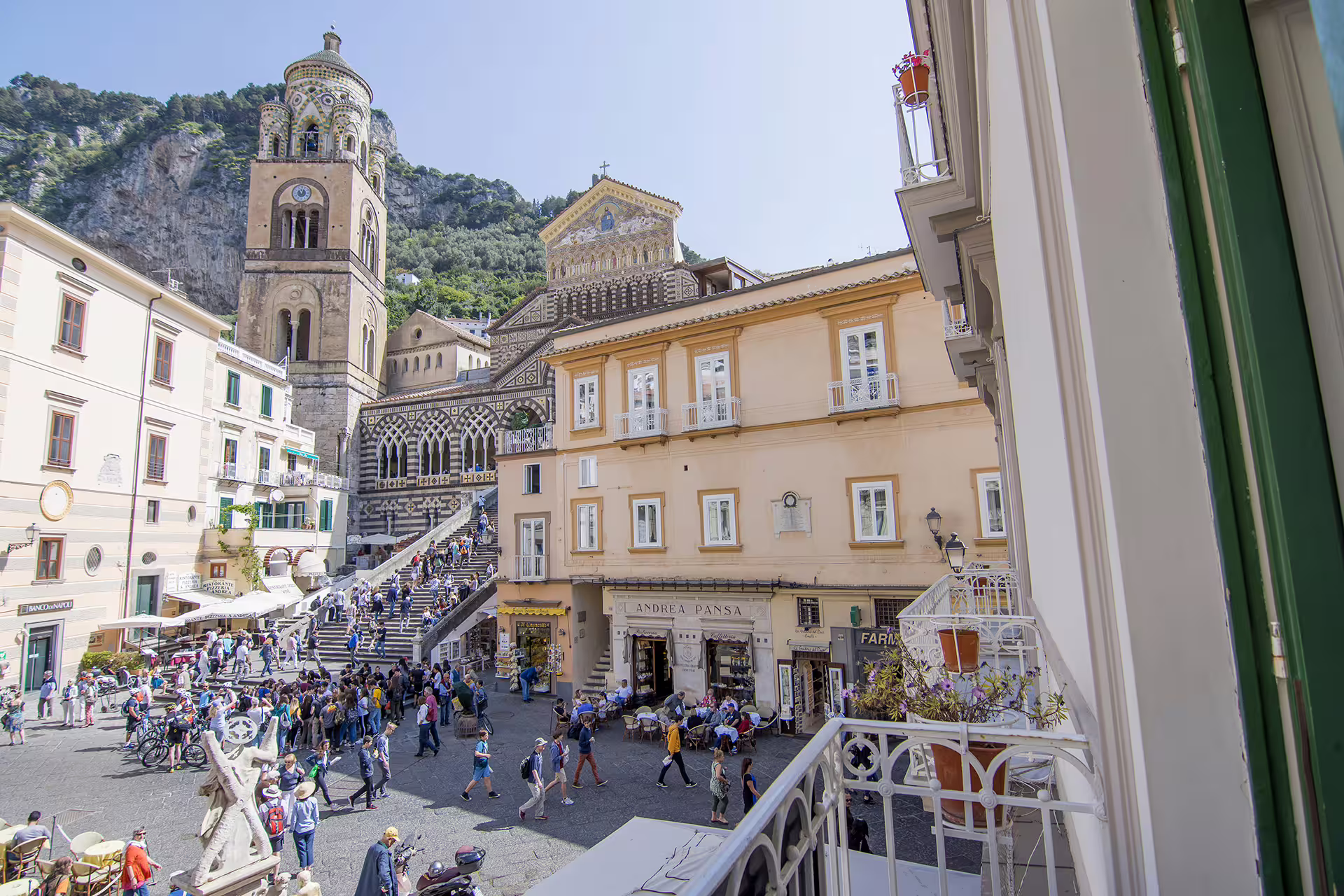Amalfi Cathedral and bustling Piazza Duomo, highlight stop on Sorrento Positano Amalfi Coast tour from Naples