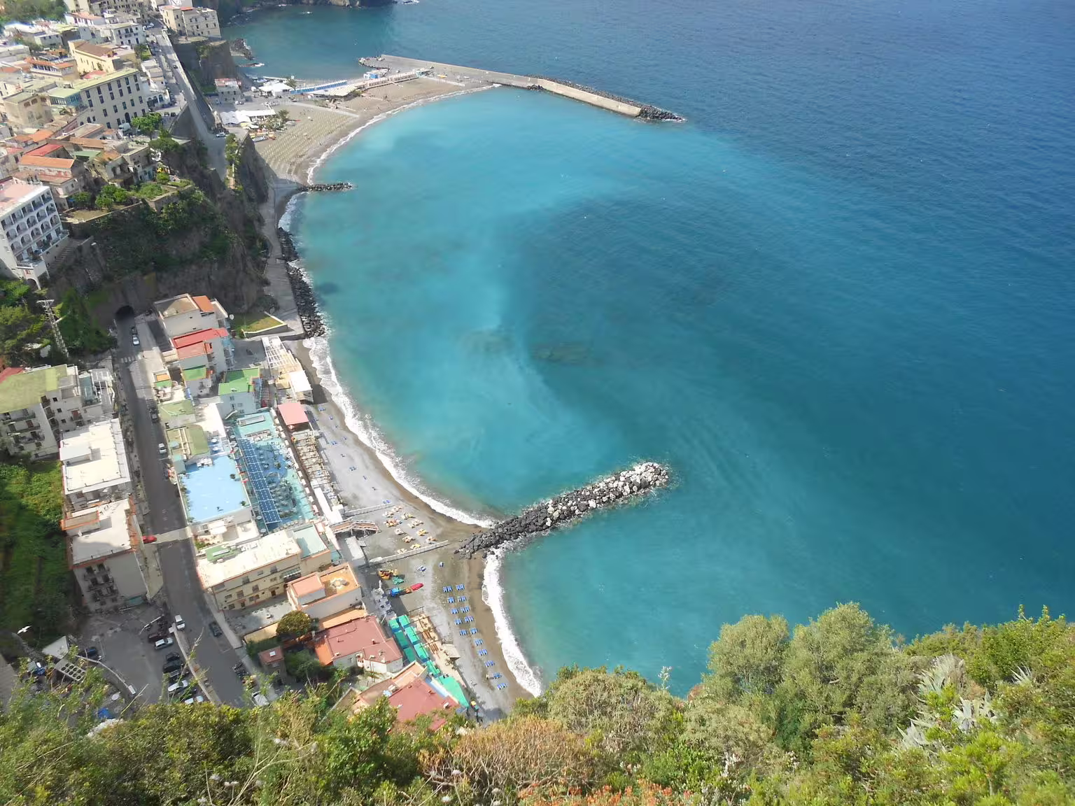 Aerial view of Amalfi Coast bay and beach, scenic stop on Sorrento Positano Amalfi group tour from Naples
