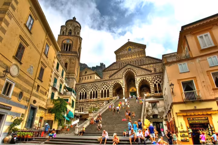 Amalfi Coast stop at Amalfi Cathedral Duomo steps, ideal for VIP small group tour from Pompeii