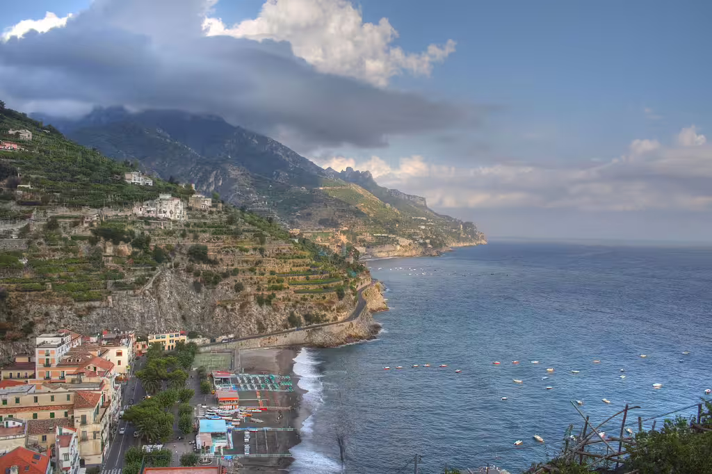 Panoramic view of terraced hills, beach and coastline near Ravello on a picturesque Amalfi Coast daily tour
