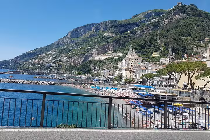 Amalfi Coast beach and marina view in Sorrento on full-day Rome to Positano Amalfi Ravello tour