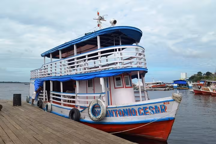 Traditional Amazon ferry boat docked in Santarém port, ready for Santarém to Belém do Pará river trip