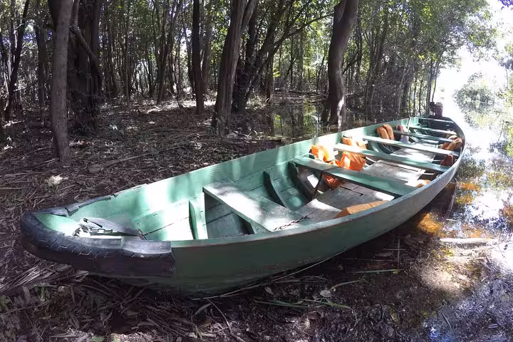 Green canoe at riverbank in flooded Amazon rainforest, typical transport on a 4 days Amazon Jungle Adventure Tour