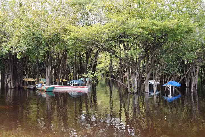 Flooded Amazon rainforest with boats and river huts, exploring waterways on a 5-day Amazon jungle adventure tour