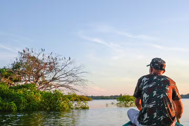 Traveler enjoys a tranquil boat ride on the Amazon River, observing wildlife and lush greenery during the jungle tour.