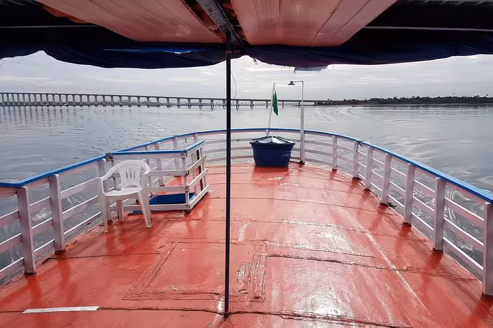 Bow deck view on Manaus to Belém boat trip, cruising the Amazon River with bridge panorama ahead