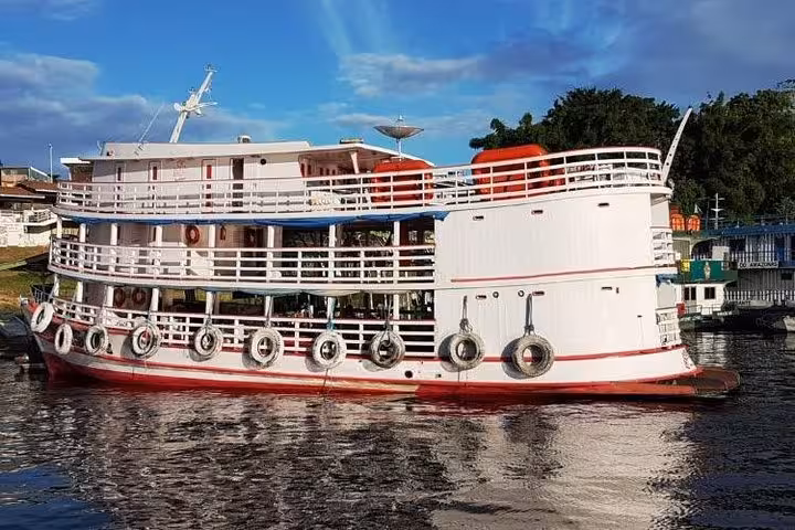 Two-deck Amazon riverboat cruising the Tapajós-Amazon route, Santarém to Belém do Pará boat tour