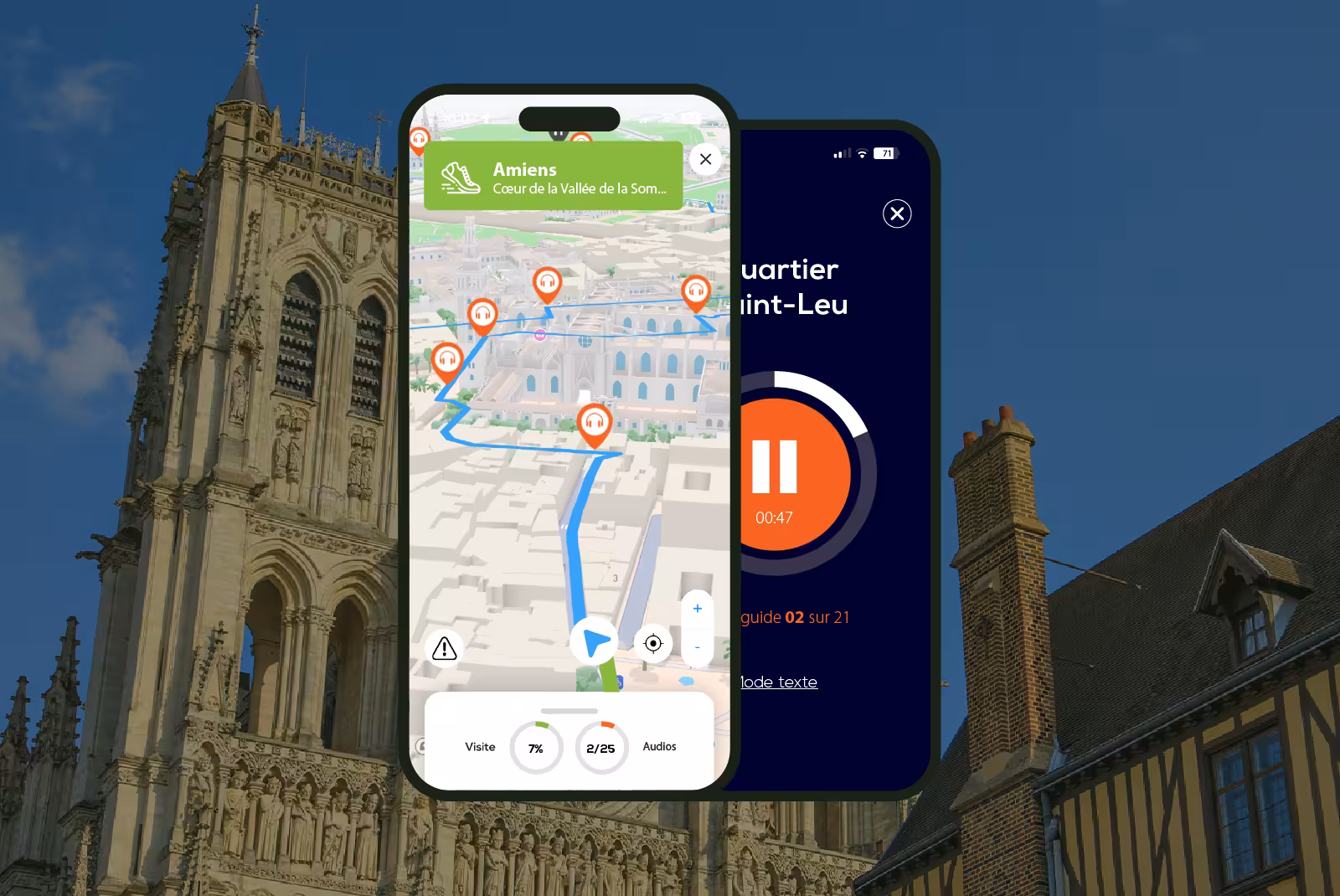 Amiens audioguide mobile application interface on smartphone with the cathedral in the background.