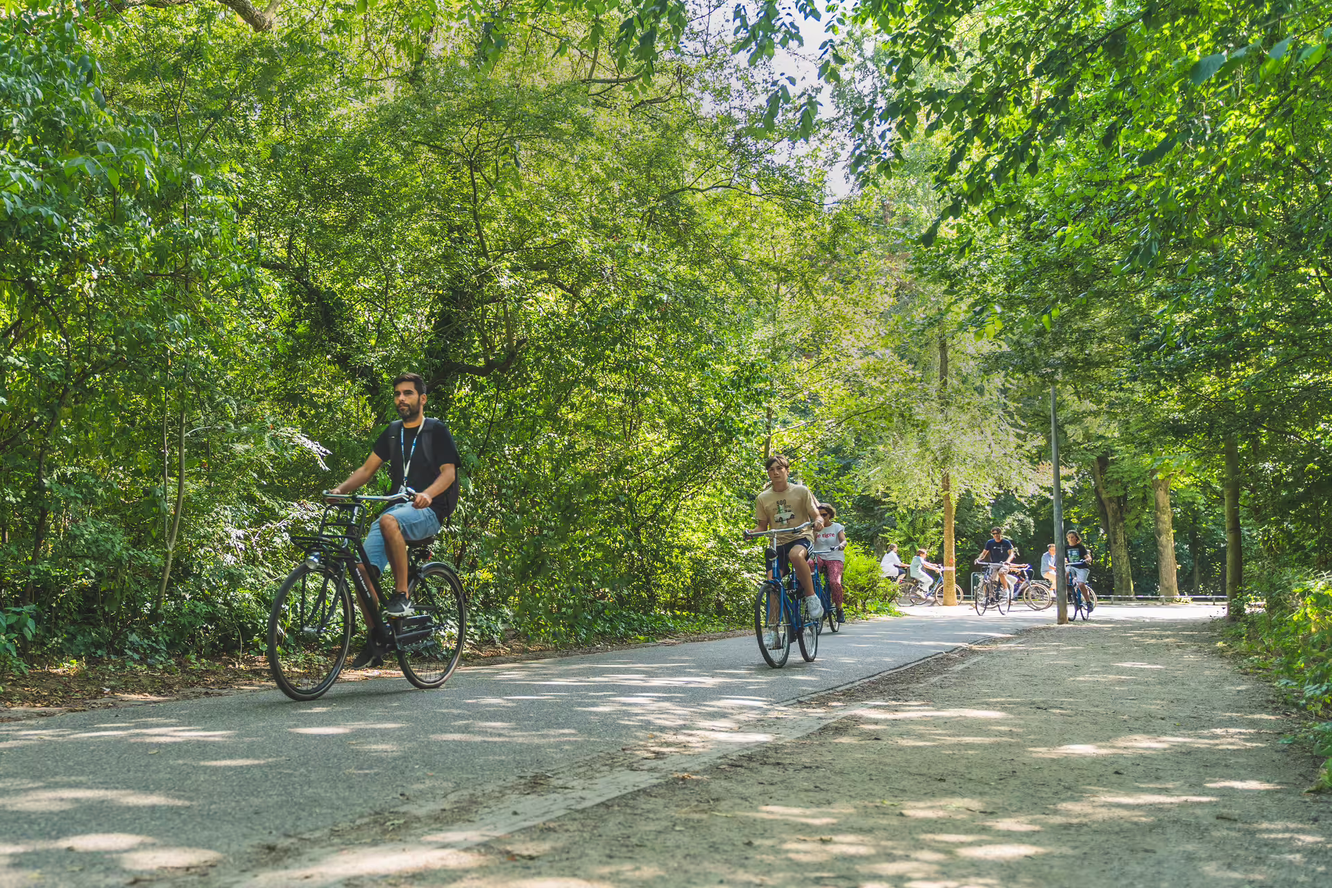 Cyclists enjoy a scenic ride through a lush green park in Amsterdam, highlighting the bike tour experience before a canal cruise.