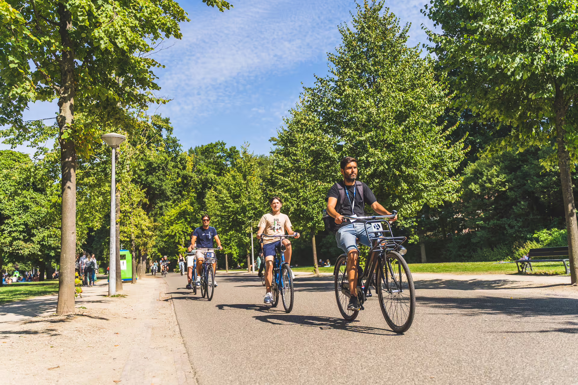 Cyclists enjoy a sunny day on an Amsterdam bike tour through a lush park, perfect for small groups seeking local experiences.