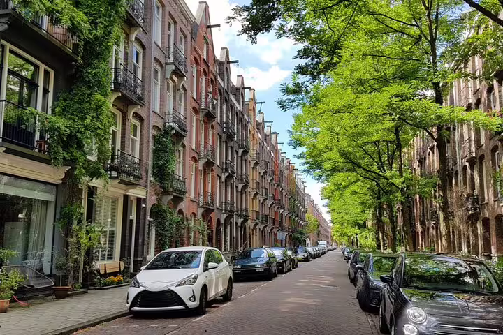 Tree-lined Amsterdam street with colorful canal houses and parked cars on brick road