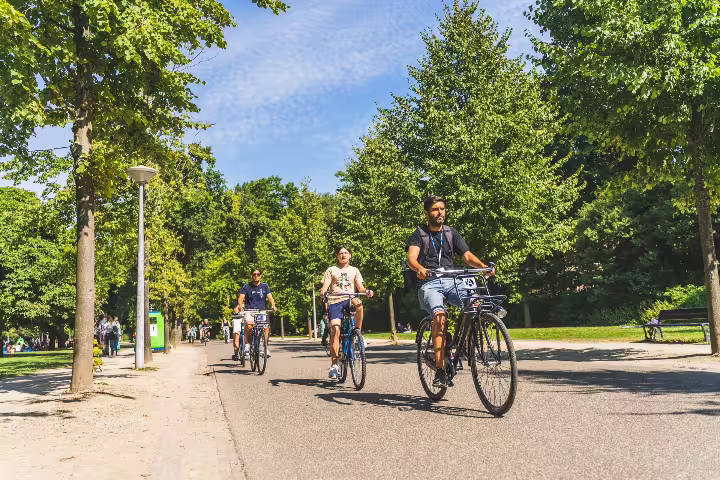 Cyclists enjoy a scenic ride through Amsterdam's lush countryside on a sunny day, perfect for a bike tour and canal cruise experience.